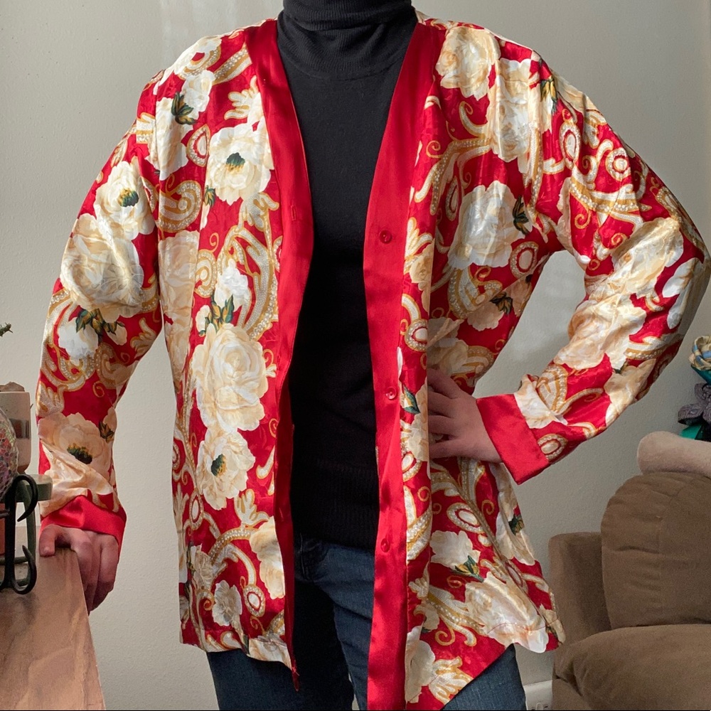 Red & White Roses Silky Robe Blouse VINTAGE
